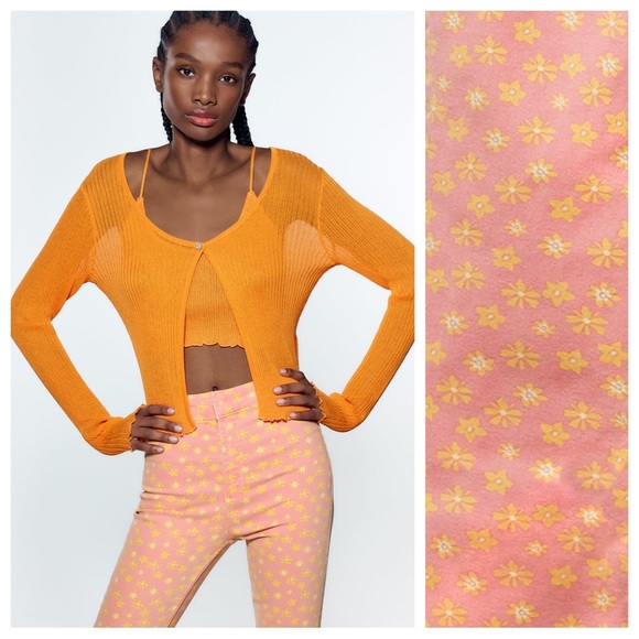NWT. Zara Pink/Yellow Floral Print Flared Cropped Jeans. Size 4. - Picture 2 of 11